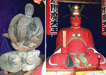普門寺の閻魔大王像(右)と流れ着いた仏像の写真