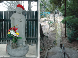 将門伝説が残る首曲地蔵(左)と谷に下りてまた上る葺不合神社の参道の写真