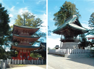 布施弁天の塔(左)と鐘楼(右)の写真