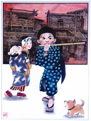 台東区立下町風俗資料館の「東京の子供百年展」のために筆者が描いたイメージラフ
