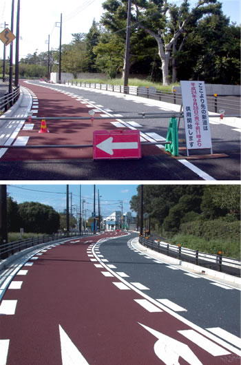 新たに開通する市道。上は3・3・7号線との接続部分。下は中間地点から新松戸方面を望む写真