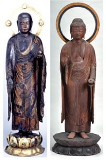 地蔵寺の木造地蔵菩薩立像（左）と瀧水寺の薬師如来立像の写真