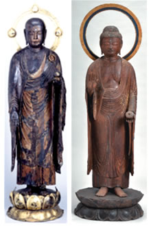 地蔵寺の木造地蔵菩薩立像(左)と瀧水寺の薬師如来立像の写真